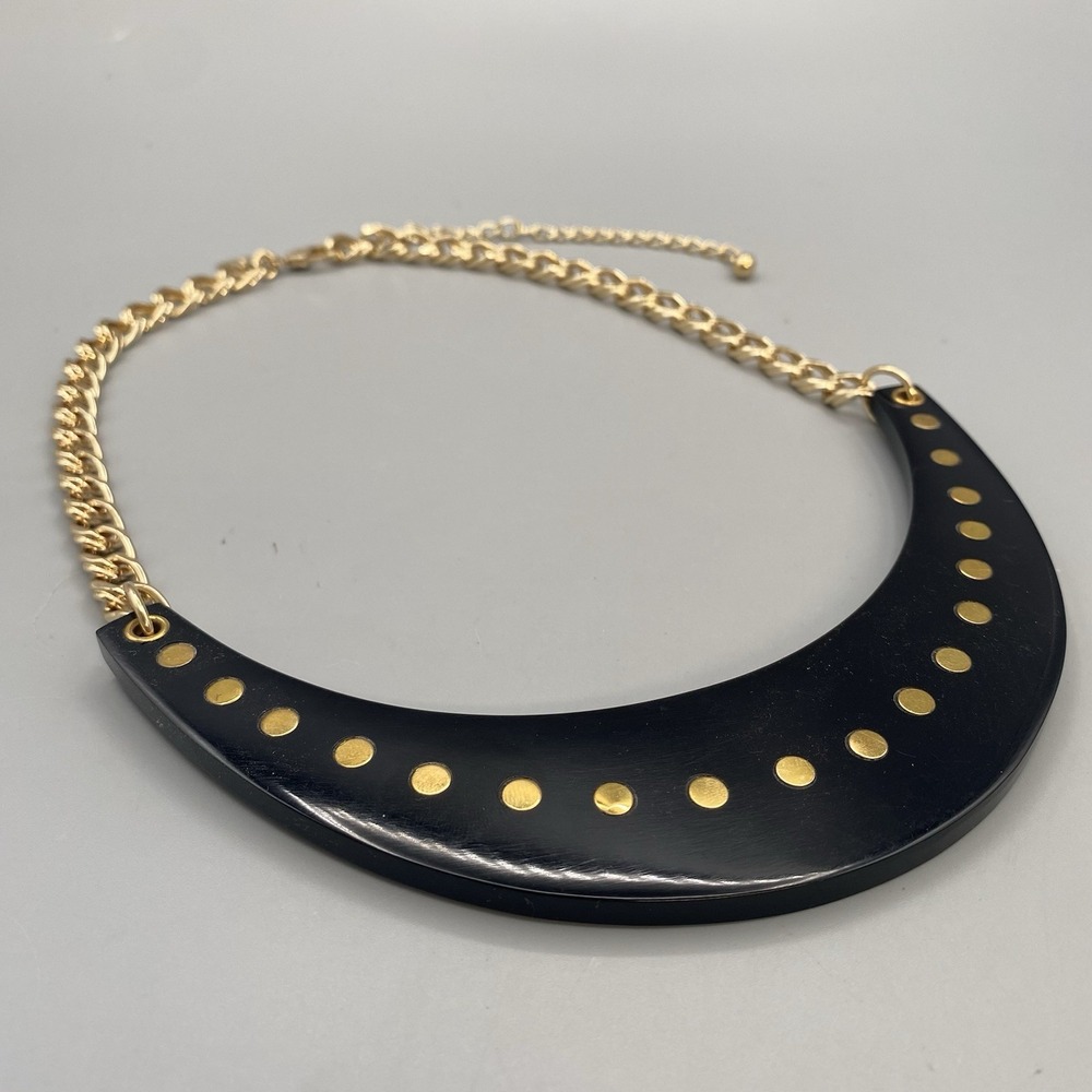 Chico's‎ Large Statement Necklace Black Crescent Inlaid Gold Dots Studded